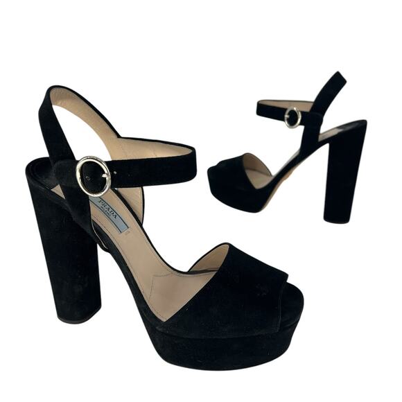 Prada Suede Platform Peep Toe Heels in Black - Picture 2 of 14